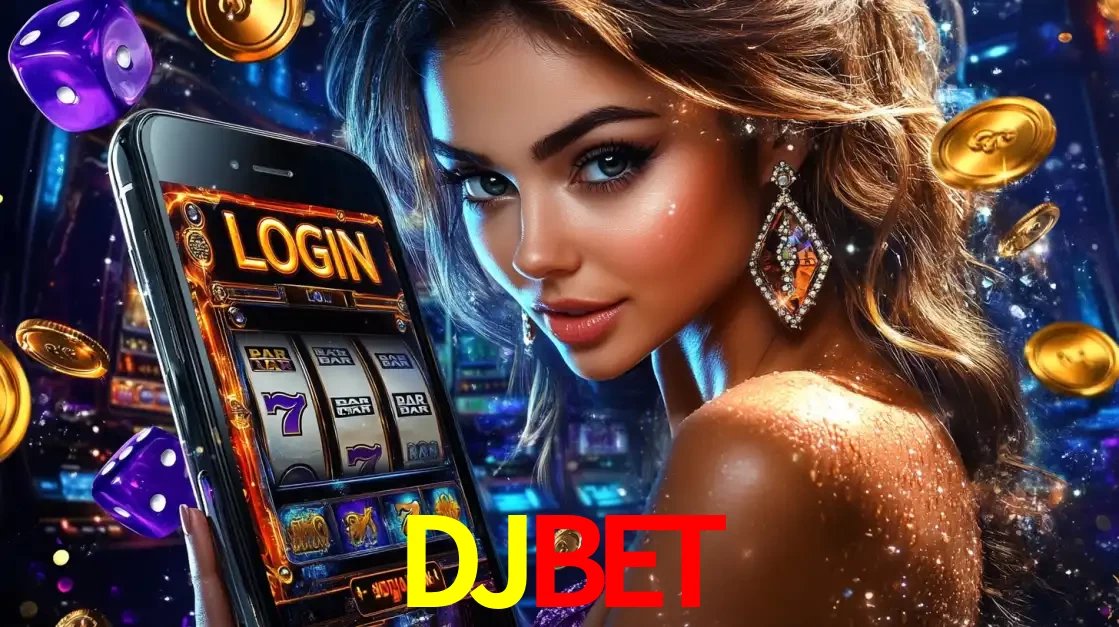Mulher glamorosa segurando um smartphone com a tela de login para os jogos de caça-níqueis do cassino online DJBET, com moedas de ouro e dados ao redor.