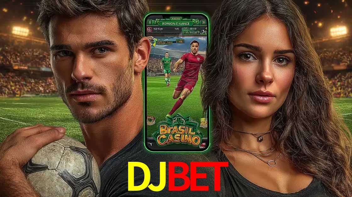 Homem segurando uma bola de futebol e uma mulher ao lado de um smartphone exibindo o jogo de apostas esportivas da DJBET. Faça seu palpite no cassino online.